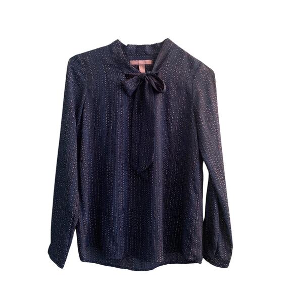 Tie Neck Long Sleeve Teal Blue Spot Print Blouse Top XS Polka Dot Office Work - Picture 1 of 11